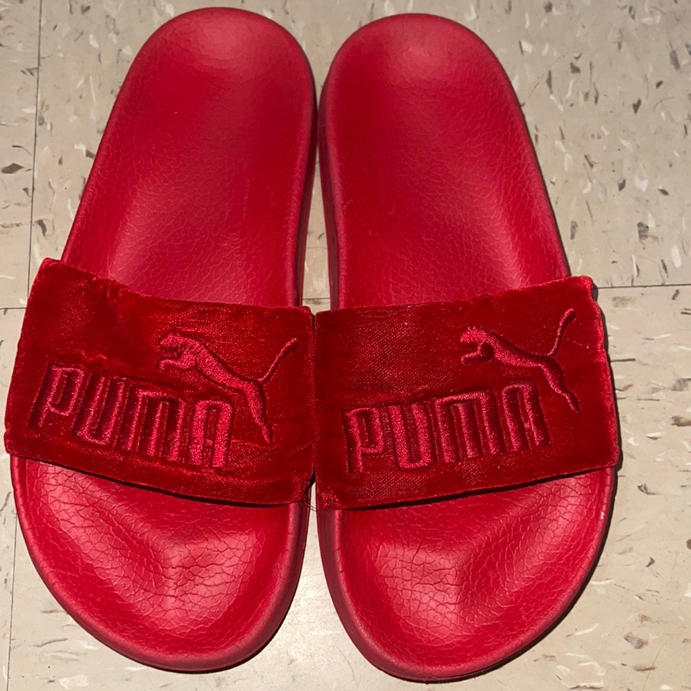Red suede puma slides